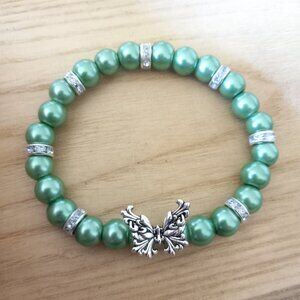 Butterfly Charm Stretch Bracelet, Green Pearl's, Women, Little Girls, Gift